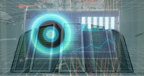 Futuristic Data Analysis Overlay on Server Room