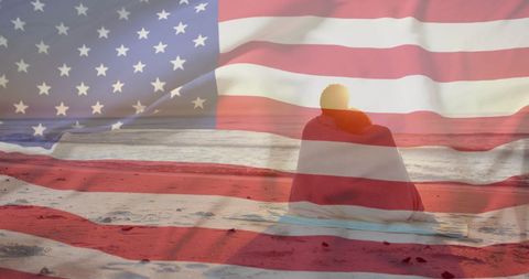 Romantic Couple Embracing with American Flag Overlay at Beach Sunset