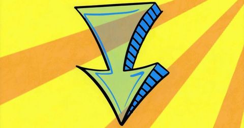 Colorful stylized arrow on yellow sunburst background