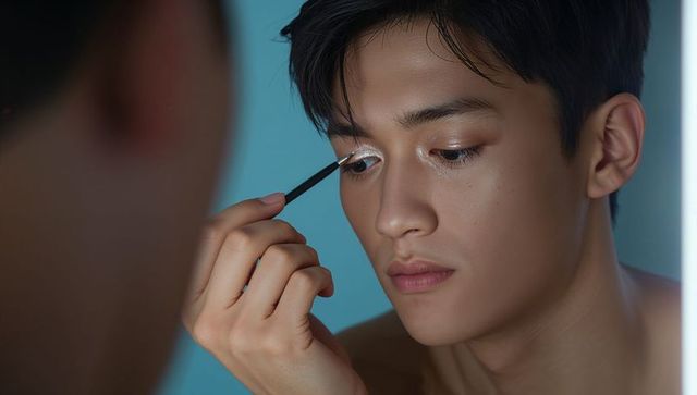 Young asian man applying shimmery eyeshadow with angled brush at illuminated vanity mirror