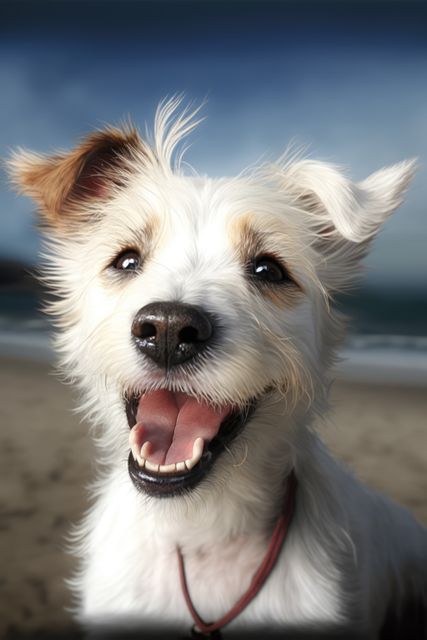 This image shows a cheerful dog with a wide, happy smile on its face, standing on a sandy beach under a clear sky. Perfect for use in marketing materials related to pet products, travel destinations, summer activities, or veterinary services. It could also be used to evoke feelings of joy, relaxation, and outdoor fun in advertisements, blogs, and social media posts.
