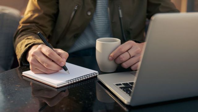 Man Writing in Notebook Holding Coffee Next to Laptop for Remote Work and Planning