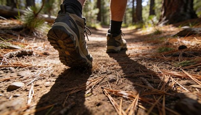 Walking hiking boots on pine trail with sunlit forest shadows and dusty dirt path