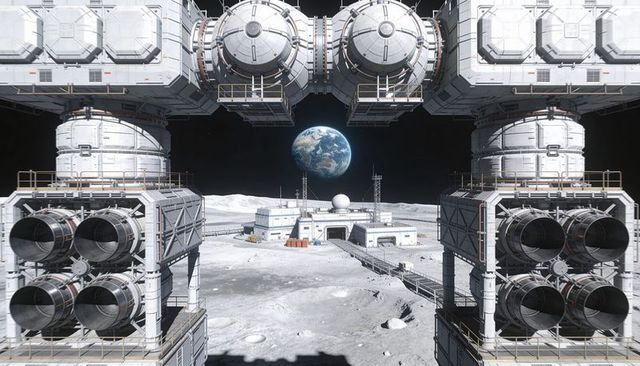 Framing lunar base hub showing habitat modules and engine bells with Earthrise overhead