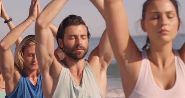 Group Practicing Yoga On Beach With Eyes Closed - Download Free Stock Images Pikwizard.com