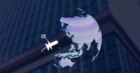 Digital Globe with Aircraft Icon Over Cityscape