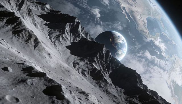 Showing moonlike ridge overlooking earthrise with rugged crater rim and distant orb