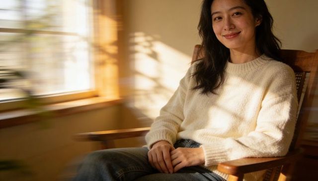 Smiling asian woman relaxing in sunlit interior wearing cream sweater and jeans