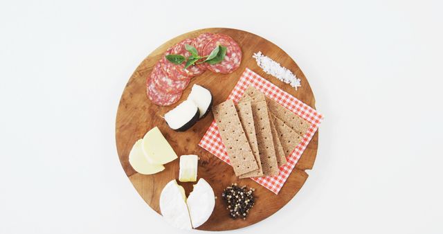 A wooden board presents an assortment of cheeses, crackers, and sliced salami, arranged for a delightful snack or appetizer. The simplicity of the layout emphasizes the appeal of a classic charcuterie selection.