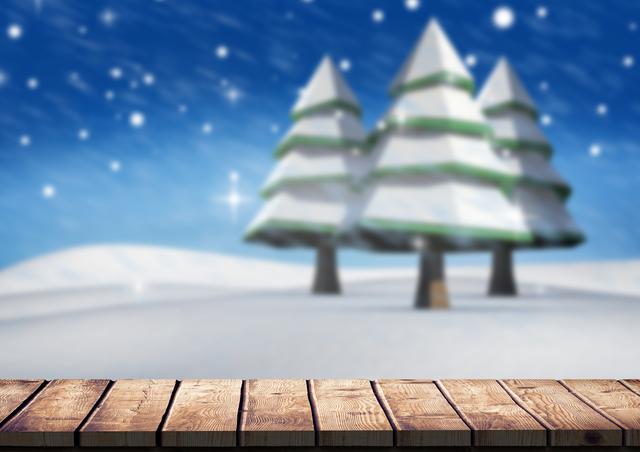 Wooden plank creates foreground with stylized pine trees and snow falling in background. Ideal for holiday greeting cards, winter-themed advertisements, seasonal promotions, and outdoor scenery backgrounds.