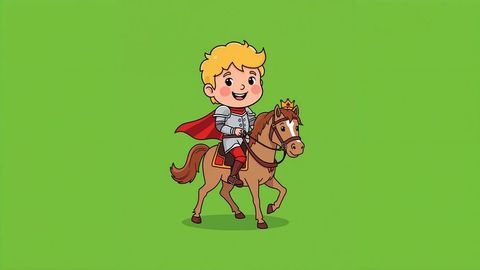 Cartoon Boy Knight Riding Regal Horse on Green Background