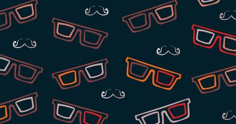 Colorful Glasses and Mustaches Pattern on Dark Background