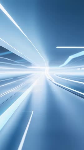 Vertical video of futuristic light beams racing through digital corridor toward vanishing point