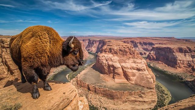 Bison standing on red rock cliff overlooking meandering river and dramatic canyon panorama