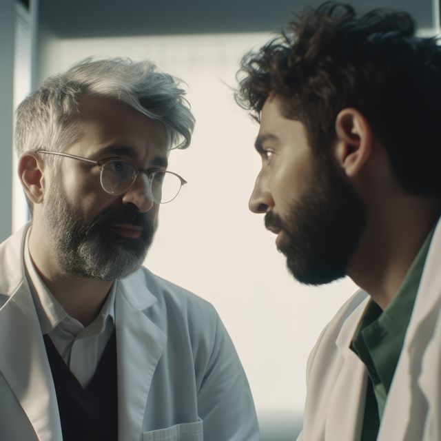 Two doctors in lab coats are engaged in a serious conversation in a hospital setting. They appear focused and concerned, suggesting an important discussion. The image is ideal for use in articles about healthcare teamwork, decision-making in medical environments, or promotional materials for healthcare services.