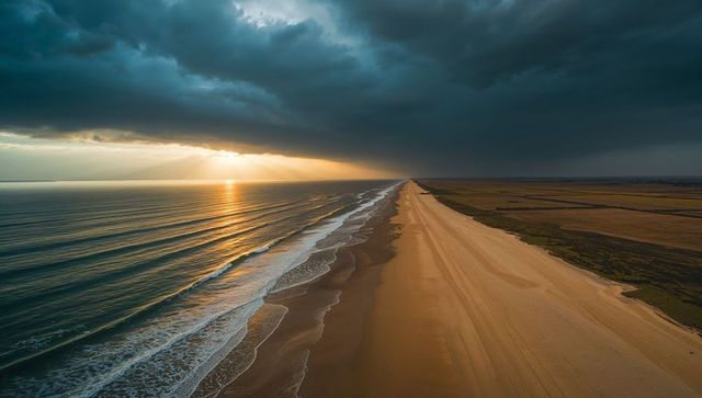Storm clouds gathering over endless sandy coastline at sunset with golden sunbeams from air