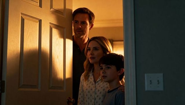 Family peering into dim hallway at nightfall showing concern and warm amber glow