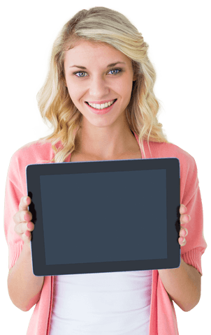 Smiling Woman Holding Tablet on Transparent Background