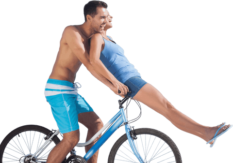 Transparent duo on bicycle enjoying summery day fun