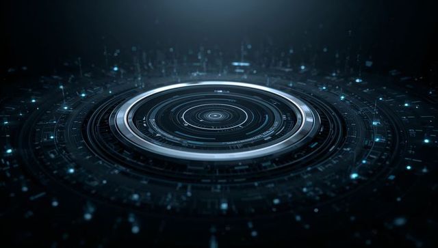 Rotating holographic data core with metallic rings and futuristic digital interface hud