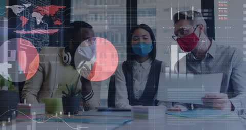 Diverse Business Team Analyzing Statistical Data in Masked Meeting