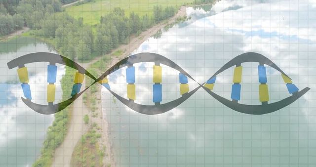 Stylized dna floating over aerial forested lake landscape