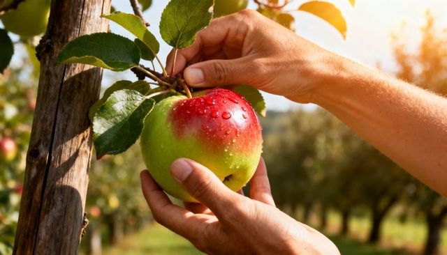 Hands holding dewy bicolor apple on branch in sunlit orchard harvest closeup