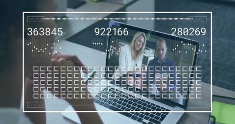 Businessman Engaging in Virtual Meeting via Laptop with Analytics Overlay