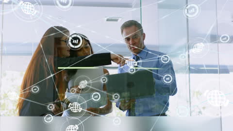 Business Team Analyzing Data with Global Connections Overlay
