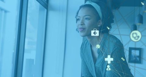 Businesswoman Embracing Digital Innovation with Virtual Icons