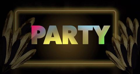Colorful Neon Party Text with Vibrant Feathers on Black Background