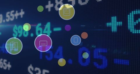 digital interface with floating tech icons over stock market data - Download Free Stock Images Pikwizard.com