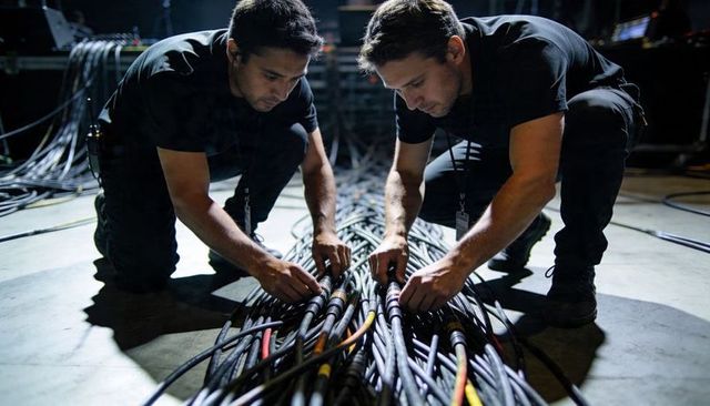 Two stage technicians kneeling splicing heavy audio video cables backstage live concert setup