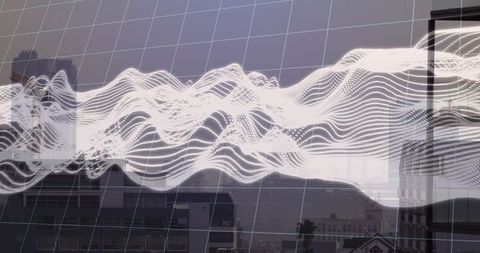 Luminous data wave flowing over city skyline through high-rise window with grid overlay