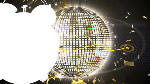 Celebratory Alarm Clock Over Rotating Disco Ball with Stars and Confetti