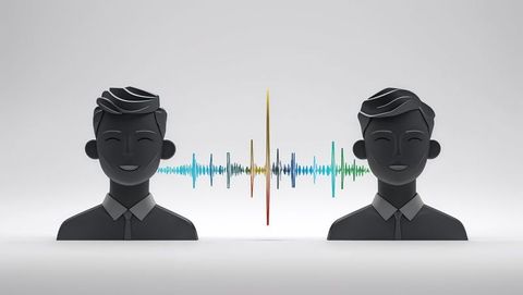 Digital interaction business icons connected by color sound wave, talking heads concept