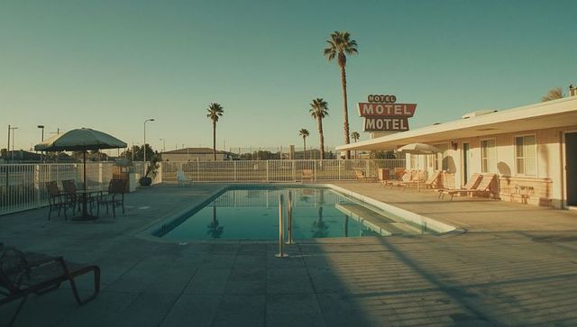 Vintage Motel Poolside with Palm Trees at Sunset