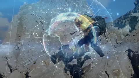 Adventurous Explorer Engages with Digital Globe Overlay on Mountain Ridge