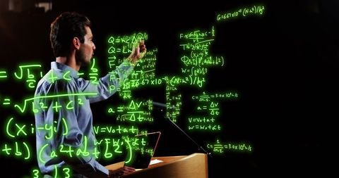 Teacher interacting with digital equations display