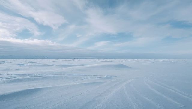 Stretching arctic snow plain with sastrugi and low hummocks under soft blue sky