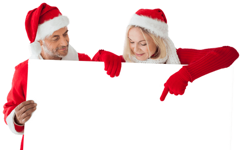 Festive Couple Holding Blank Sign in Transparent Santa Outfits