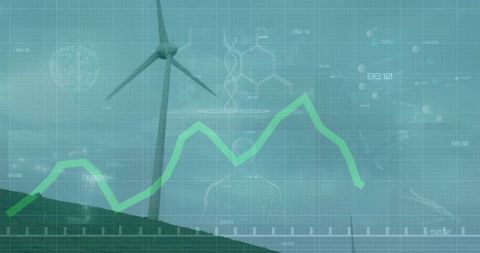 Wind turbine with green line graph and scientific motifs for sustainability
