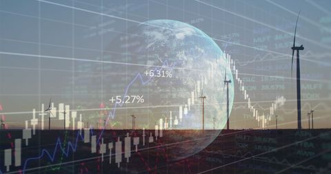 Financial Graphs Overlay with Wind Turbines Reflecting Global Sustainability