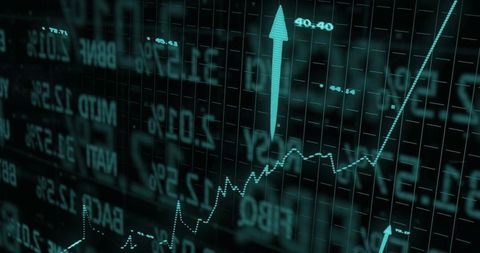 Turquoise Dotted Market Chart Showing Strong Uptrend with Glowing Arrow and Analytics Grid