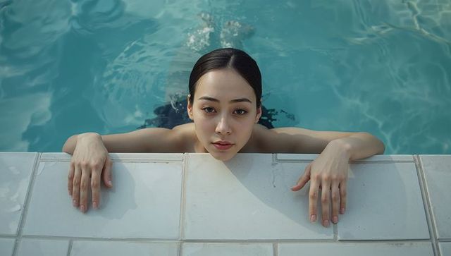 Asian woman holding pool edge, gazing from turquoise water while treading, serene portrait