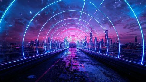 Futuristic glass tunnel with neon arches and city skyline