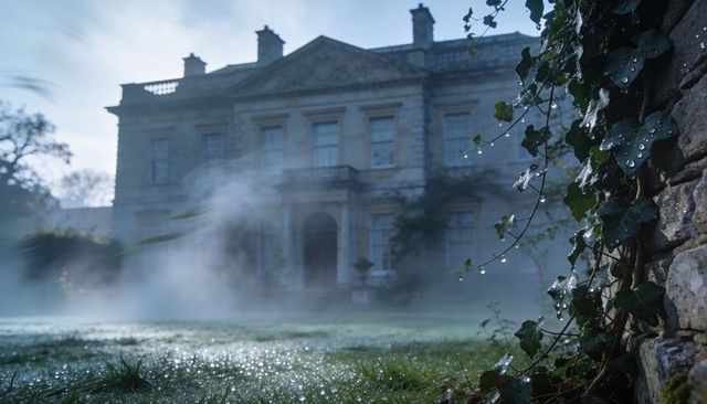 Historic stone manor standing in morning mist with ivy-covered wall and dewy lawn