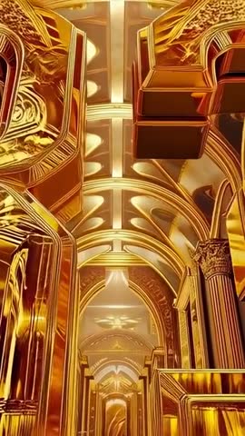 Vertical camera traveling through ornate ribbed hall revealing sliding gold cuboids and metallic col