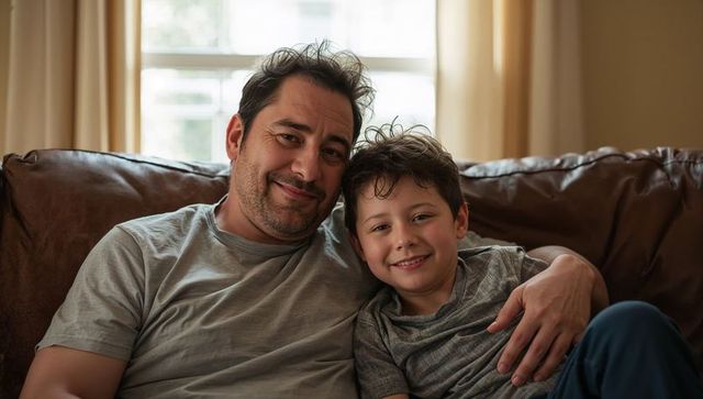 Smiling father and son relaxing on brown leather sofa, cuddling and bonding at home