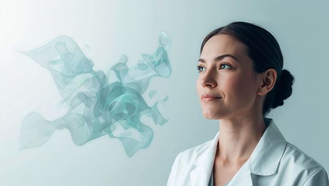 Female scientist gazing left with teal abstract ribbon conveying medical innovation